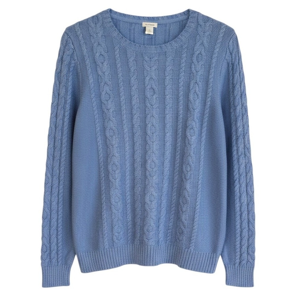 LL Bean Womens 1X Light Blue Cable Knit Crewneck Sweater 100% Cotton fisherman